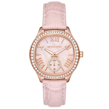 Γυναικείο ρολόι Michael Kors Sage MK4820 με ροζ δερμάτινο λουράκι και ροζ φίλντισι καντράν 38mm με λαμπερά ζιργκόν.